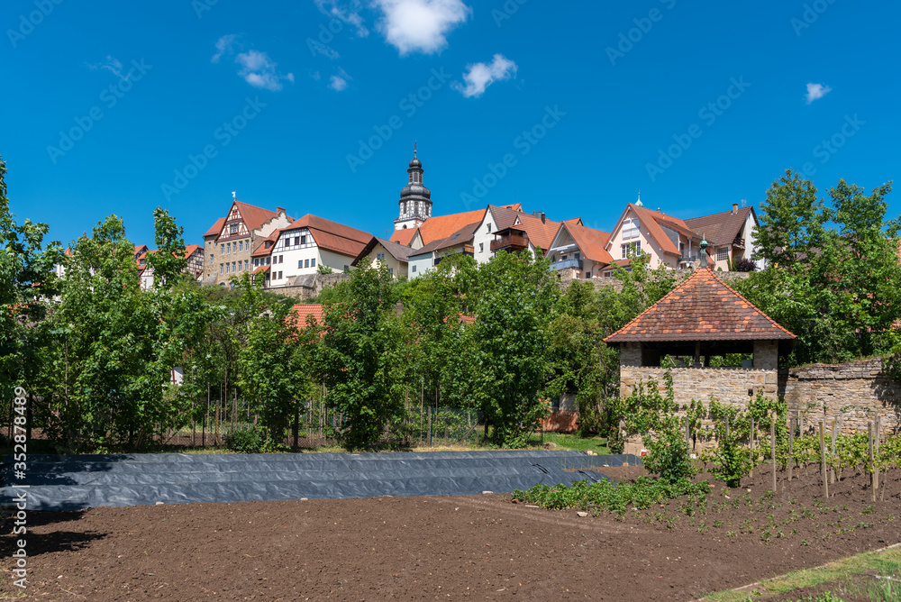 Obraz premium Cityscape of Gochsheim with historic city wall and St Martin chu