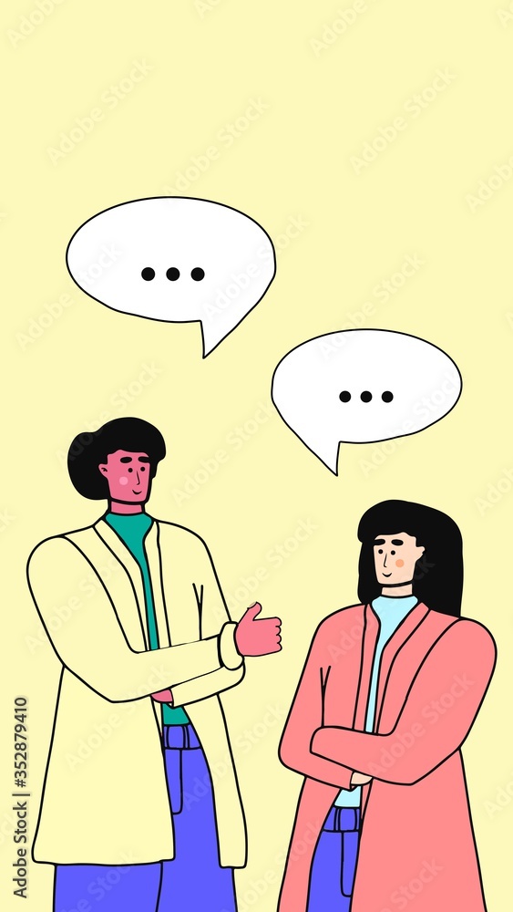Happy young couple man and woman talking. Vector illustration in a cartoon style. Dialog speech bubbles for text. Character people. Happy young couple man and woman talking. Vector illustration in a cartoon style. Dialog speech bubbles for text. Character people.