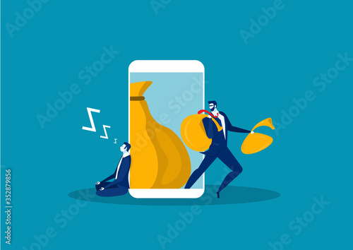 A man with a hand wants to steal information on smart phone. Flat design, vector illustration, vector.