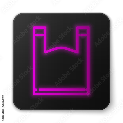 Glowing neon line Plastic bag icon isolated on white background. Disposable cellophane and polythene package prohibition sign. Black square button. Vector Illustration