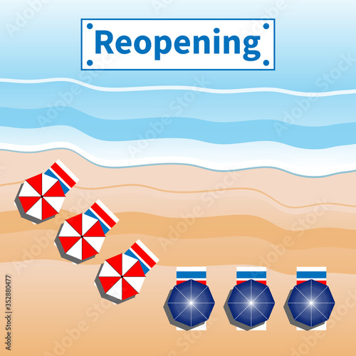 Beach open after closure from coronavirus COVID-19. Top view sea beach. Sea waves. Flat sea shore. Beach umbrellas and towels on sandy shore. Nameplate - Reopening. COVID19 lockdown over. Vector EPS10