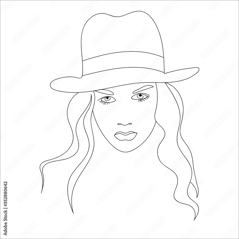 Trendy fashion girl portrait in hat, line art style vector ilustration Trendy fashion girl portrait in hat, line art style vector ilustration
