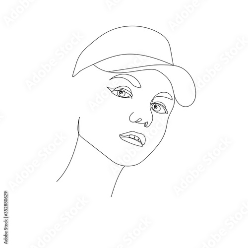 Line art drawing of young hipster girl in baseball cap, portrait of teen vector illustration
