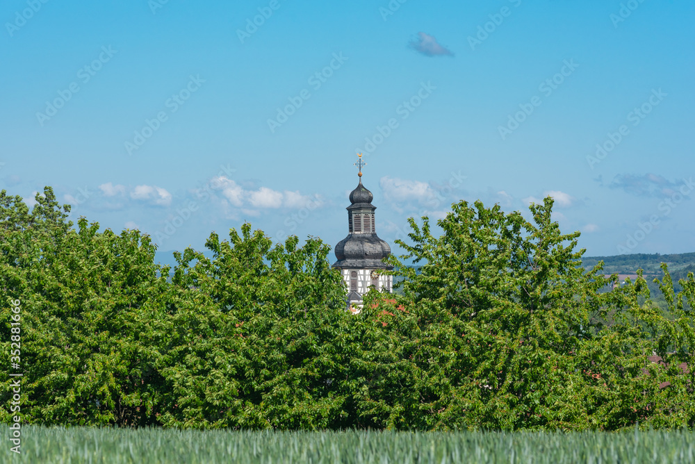 Half-timbered tower of the St Martin church in Gochsheim