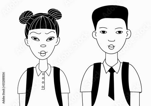 faces of Asian teens boy and girl outline monochrome doodle style vector illustration