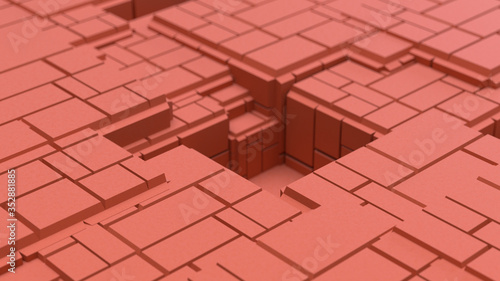 3d render. Abstract background with orange cubes. Orange cubes with depth of field.