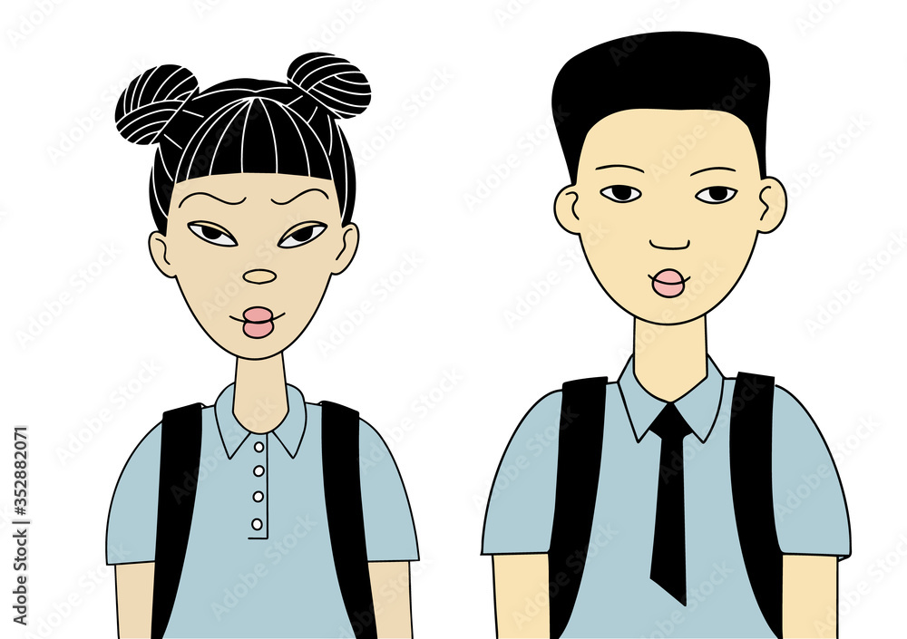 faces of Asian teens boy and girl outline doodle style vector illustration