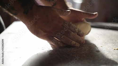 hands man, during lockdown, making pizza italian style recipe, at home