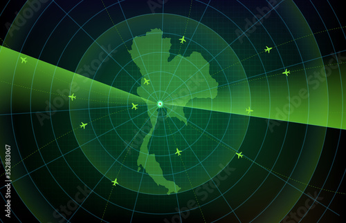 abstract background of futuristic technology screen scan flight radar airplane route path with Thailand maps