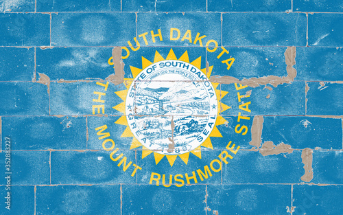 The national flag of the United States of South Dakota with a seal made on a white or azure background in dark blue color. The seal is surrounded in gold by a stylized jagged image of the sun.