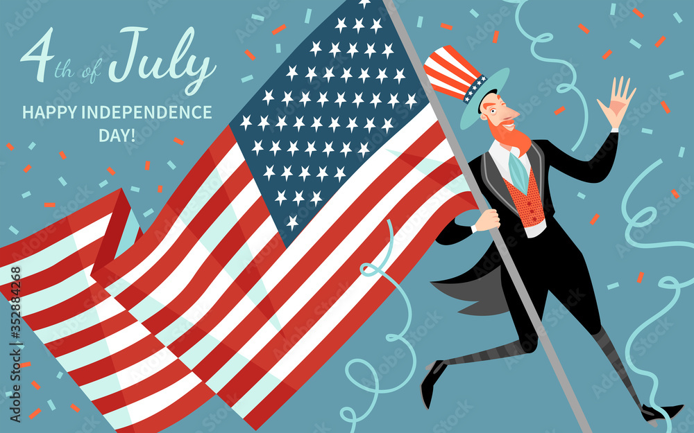 Happy Fourth of July. America Independence Day greeting banner template  with funny man holding a flag Stock Vector | Adobe Stock