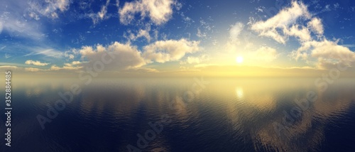 Sea sunset panorama, ocean sunrise, the sun among the clouds above the water