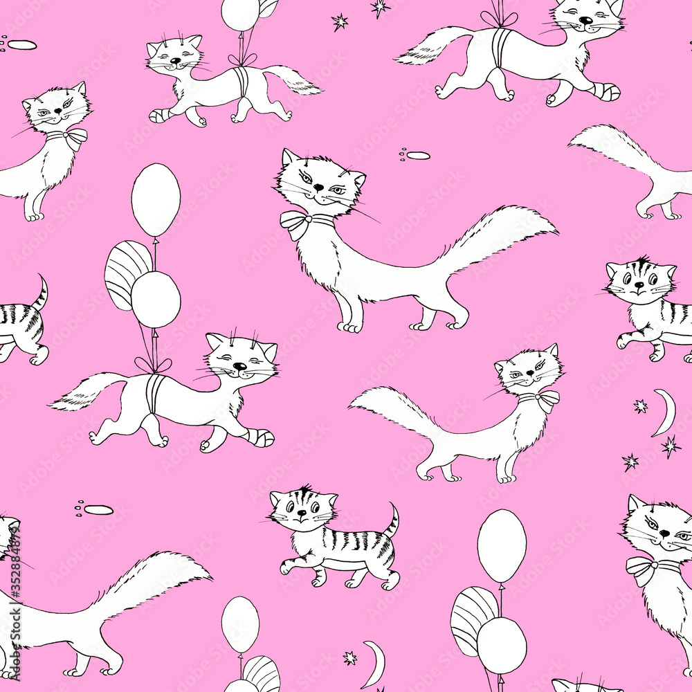 Seamless pattern of funny cats drawn in ink on a pink background Seamless pattern of funny cats drawn in ink on a pink background