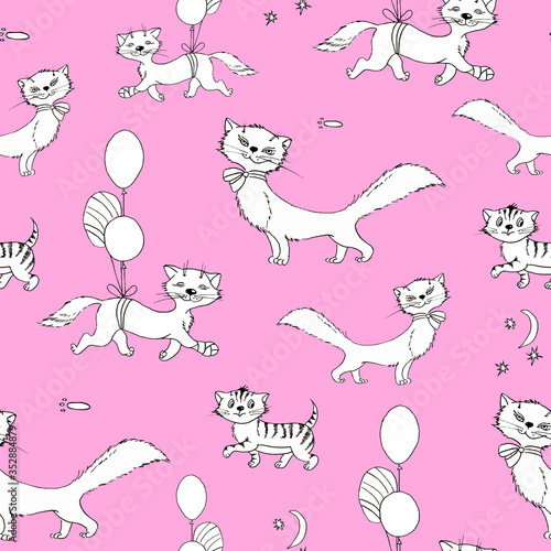 Seamless pattern of funny cats drawn in ink on a pink background