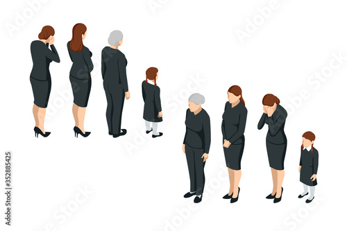 Isometric women and a child in black clothes. Gre, grief, loss of loved ones, funeral.