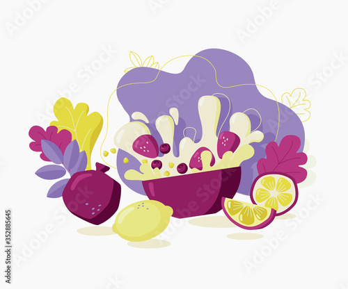 Fruit yogurt. Splashes of milk and berries and fruits.