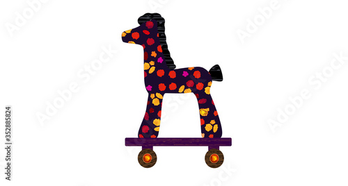 Children's horse on wheels. Toy icon. Isolated. Wooden horse. white background. Vector stock illustration. Flat. Copy space.