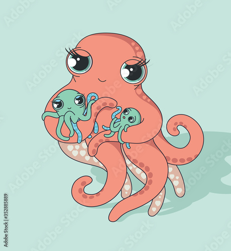 Lovely mom. Cute mom octopus with two octopus kids.