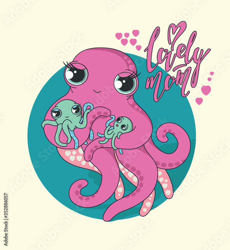 Lovely mom. Cute mom octopus with two octopus kids.