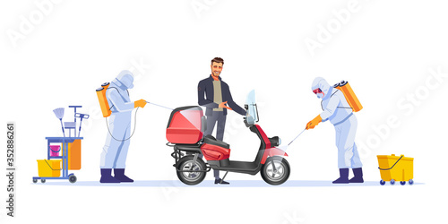 Safe delivery concept design. Courier on moped parcel or food during quarantine. The safety of the Delivery during the quarantine. Cartoon vector illustration isolated on white background.