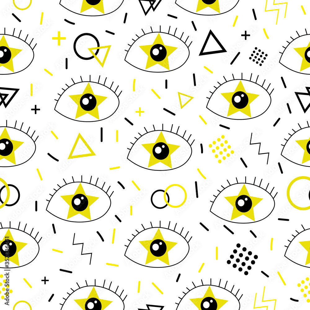 Seamless pattern with yellow eyes. Doodle style. Stars in the eyes. The