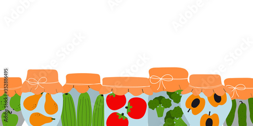 Banner for web site with jars for pickling vegetables and fruits. Preserving vegetables and fruits. Fermented food. Vegetarian food concept. Conservation of harvest.