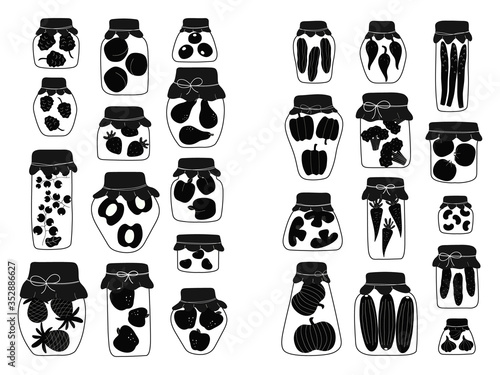 Collection of  silhouette jars for canning vegetables, fruits and jam. Variety of preserved food in glass jars - pickles, jam, marmalade, sauces, ketchup. Autumn canning. Conservation of harvest.