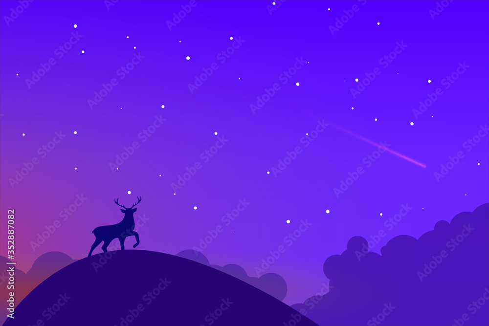 Deer silhouette on hill, starry night sky with shooting star