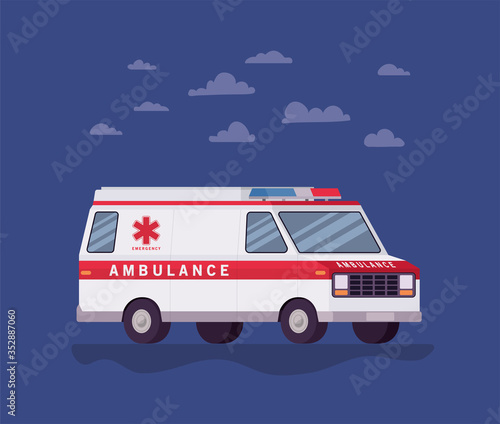 Ambulance paramedic car side view and clouds vector design