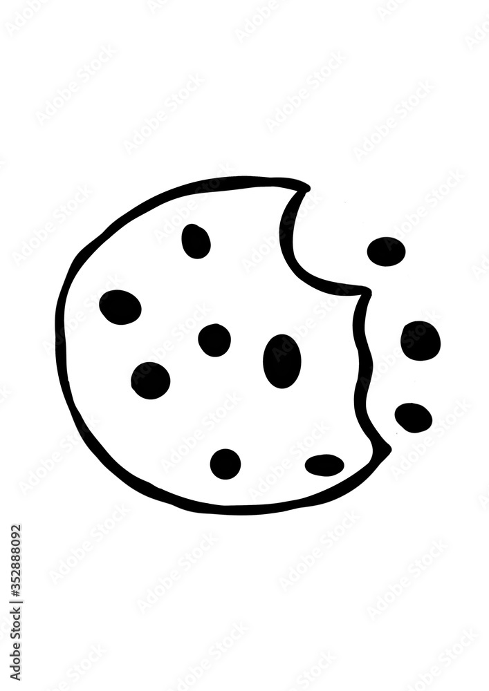 Chocolate chip cookie a bite taken. Homemade choco chip cookies with chocolate crisps isolated on white background. Bitten, broken, cookie crumbs. Illustration in doodle style. Sweet food. Biscuit Chocolate chip cookie a bite taken. Homemade choco chip cookies with chocolate crisps isolated on white background. Bitten, broken, cookie crumbs. Illustration in doodle style. Sweet food. Biscuit
