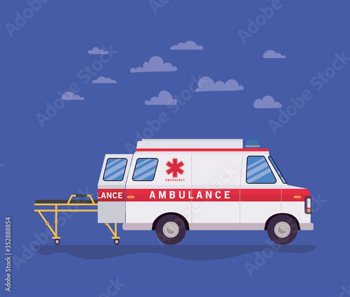 Ambulance paramedic car side view stretcher and clouds vector design