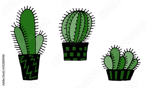 Collection of hand drawn vector illustration of cactuses in the pot. Doodle outline drawing isolated on white background. Exotic green houseplant. Home interior decoration. Design element