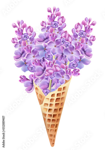 Waffle cone filled with lilac flowers. Hand drawing
