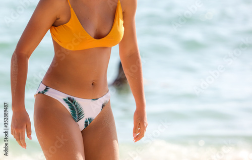 Girl in a swimsuit on the seashore.