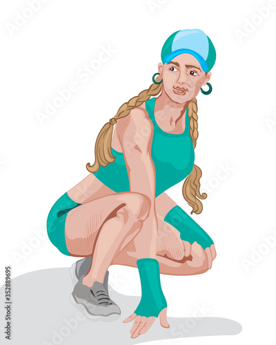 Happy girl in turquoise suit and grey sneakers squatting
