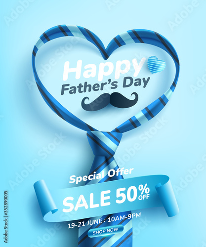Father's Day Sale poster or banner template with heart shape by necktie on blue background.Greetings and presents for Father's Day.Promotion and shopping template for love dad