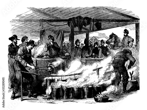 Cooking in Camp, vintage illustration.