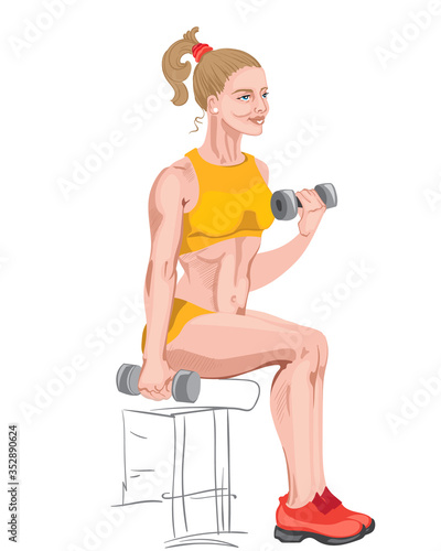 Fit blonde girl working out using dumbbells while sitting on a chair