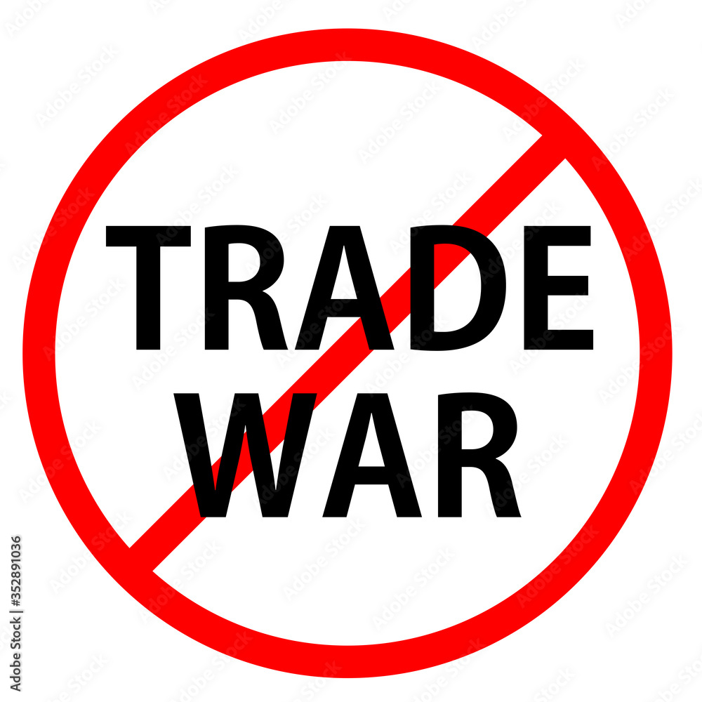 Text TRADE WAR is in red circle With red line projected through the circle. Stop TRADE WAR. Text is in traffic sign. Isolated on white background. Text TRADE WAR is in red circle With red line projected through the circle. Stop TRADE WAR. Text is in traffic sign. Isolated on white background.