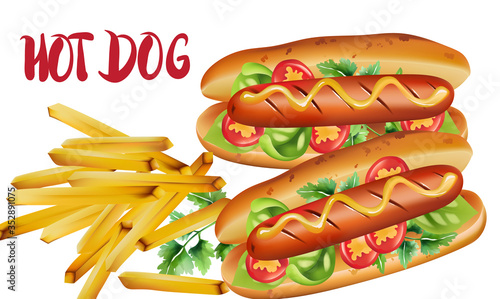 Composition of two hot dogs with cherry tomatoes, basil, parsley and mustard, near a portion of fries