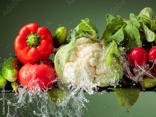 Various fresh raw vegetables with water splash.