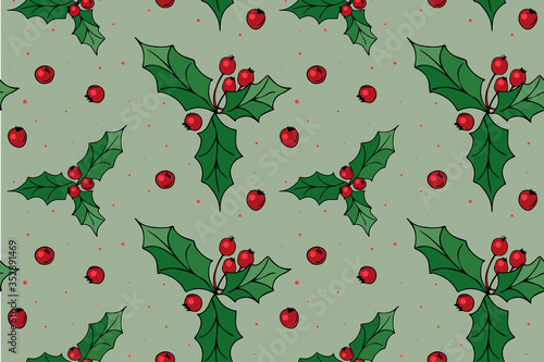 Winter seamless vector pattern with holly berries. Can be used for wallpaper, pattern fills, surface textures, fabric prints, greeting cards, wrapping papers .