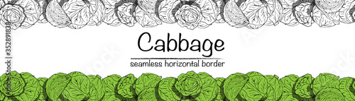 Seamless horizontal border vegetables cabbage with copy-space. Vector illustration black and white and colorful doodle on white background, isolated cut-out objects
