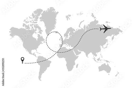 World map with airplane line path. Airplane flight route with start point and dash line trace
