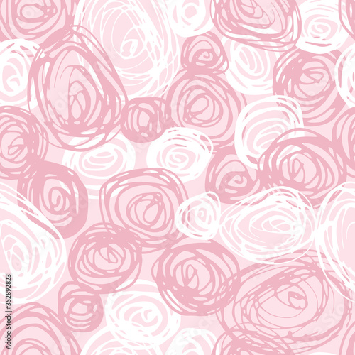 Doodle circle seamless pattern, Pink abstract spiral endless wallpaper.