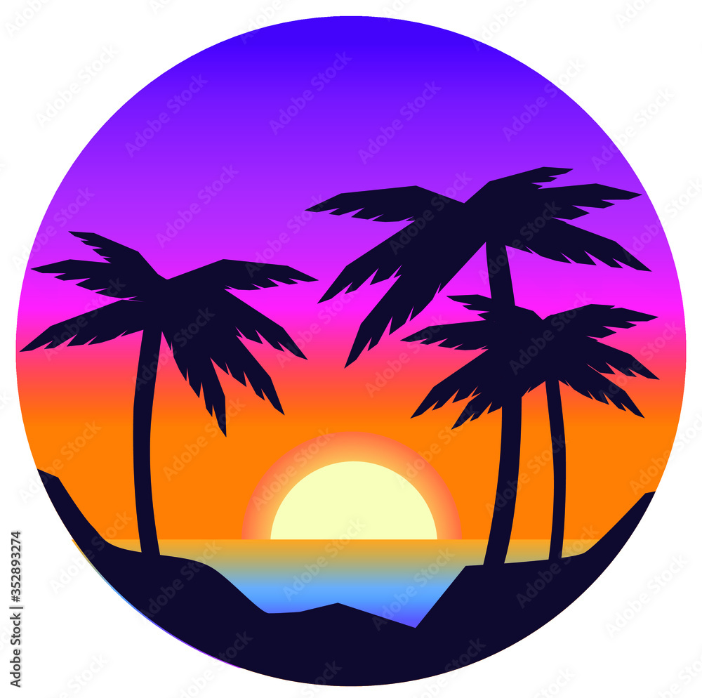 vector evening beach landscape with palms and sunset. silhouette palm trees on beach 