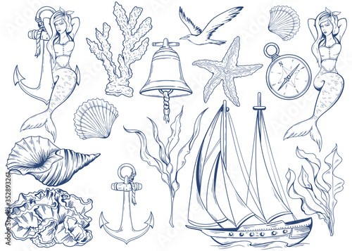 Set of nautical illustrations. Hand drawn outline. Mermaid, yacht, coral, seaweed, etc.