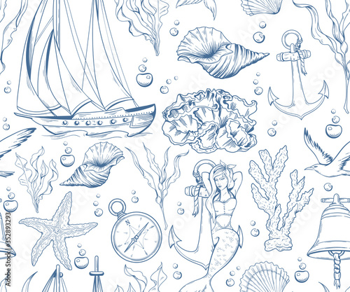 Seamless pattern with marine and nautical elements.  Hand drawn outline. Mermaid, yacht, coral, seaweed, etc.