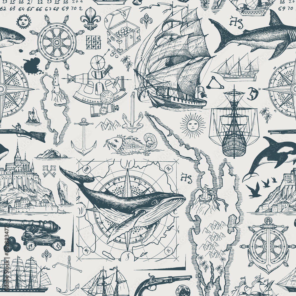 Vector abstract seamless pattern on the theme of travel, adventure and discovery. Vintage repeating background with hand-drawn sketches of sailboats, old maps, wind rose, anchors, fishes, cannons