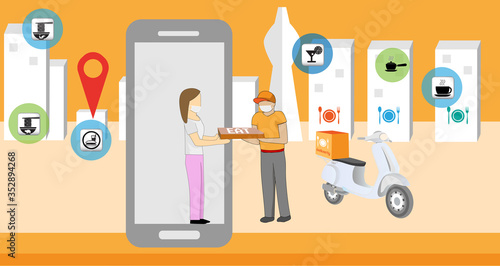 2D vector illustration flat, technology food concept, people is using internet of thing background, design people is order to restaurant online, creative icon and symbol on business background.